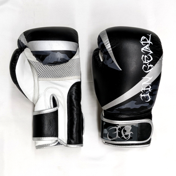 JIN GEAR ボクシンググローブ [Premium Model] 本革 ブラック/カモフラージュ/シルバー[jg-gv-box-premium-leather-bkcamosv]