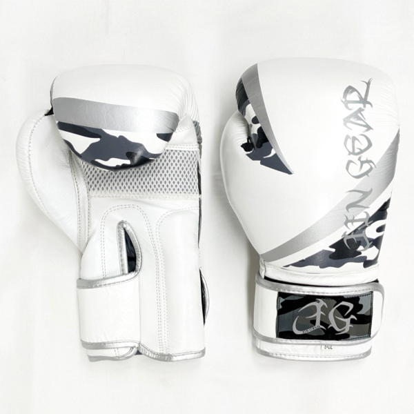 JIN GEAR ボクシンググローブ [Premium Model] 本革 ホワイト/カモフラージュ/シルバー[jg-gv-box-premium-leather-whcamosv]